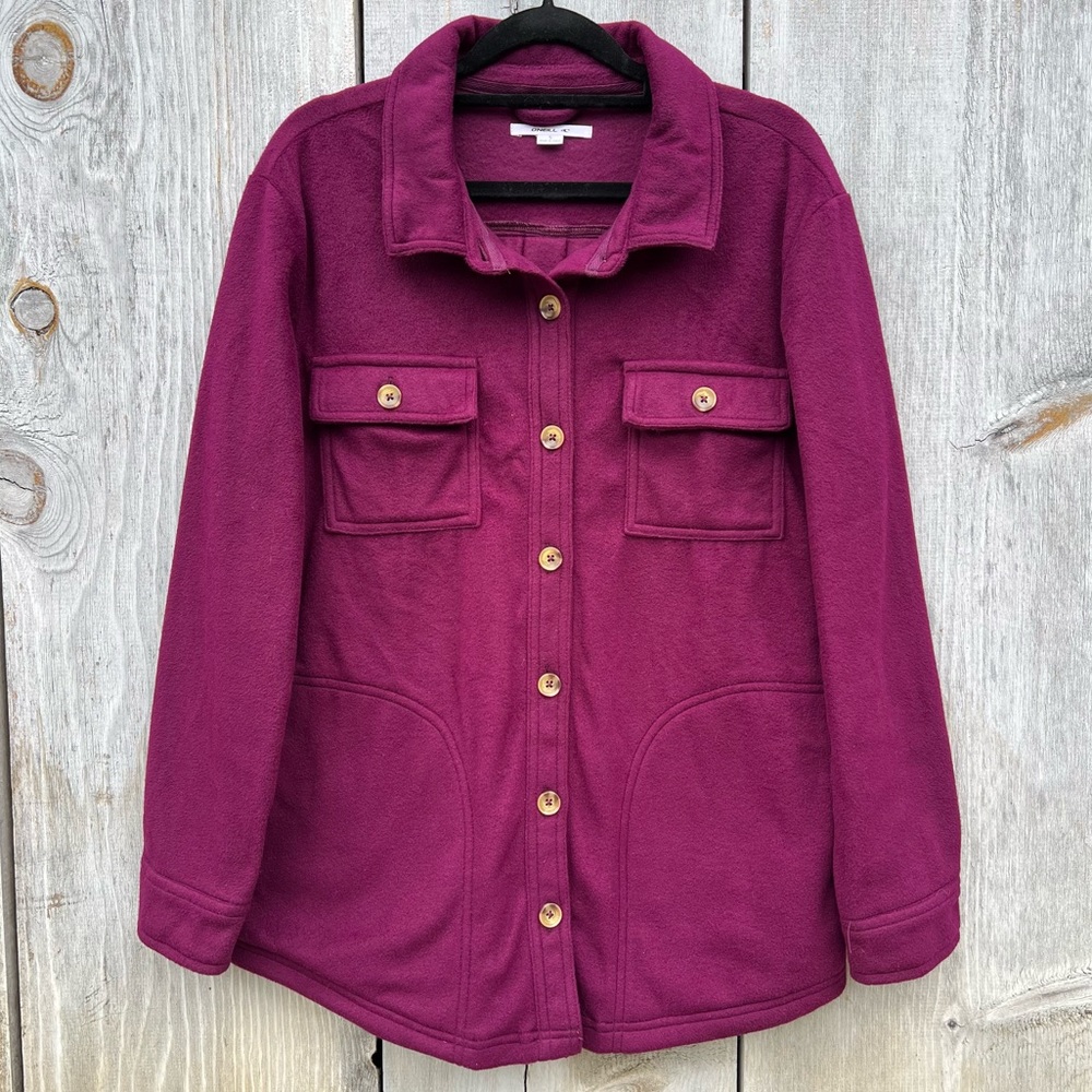 O’Neil deep purple soft felt polyester button down collared oversized shacket
